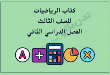 تصميم تعريفي لمقال كتاب الرياضيات للصف الثالث الفصل الدراسي الثاني – المنهج القطري، مع رموز تعليمية للعمليات الحسابية والتمثيل البياني والمفاهيم الرياضية.