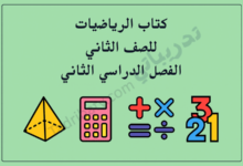 تصميم تعريفي لمقال كتاب الرياضيات للصف الثاني الفصل الدراسي الثاني – المنهج القطري، مع رموز تعليمية للأشكال الهندسية والعمليات الحسابية.
