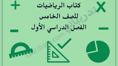 تصميم تعريفي لمقال كتاب الرياضيات للصف الخامس الفصل الدراسي الأول – المنهج القطري، مع رموز تعليمية للأدوات الهندسية والعمليات الحسابية والتمثيل البياني.