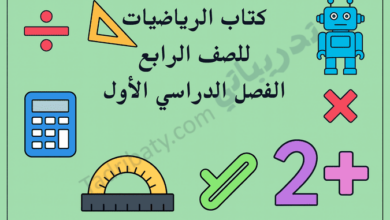 تصميم تعريفي لمقال كتاب الرياضيات للصف الرابع الفصل الدراسي الأول – المنهج القطري، مع رموز تعليمية للعمليات الحسابية والهندسة والأشكال الرياضية.