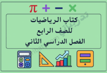 تصميم تعريفي لمقال كتاب الرياضيات للصف الرابع الفصل الدراسي الثاني – المنهج القطري، مع رموز تعليمية للعمليات الحسابية والهندسة والتمثيل البياني.