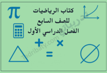 تصميم تعريفي لمقال كتاب الرياضيات للصف السابع الفصل الدراسي الأول – المنهج القطري، مع رموز تعليمية للعمليات الحسابية والهندسة والرسوم البيانية.