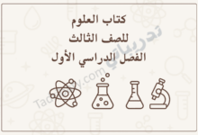 تصميم تعريفي لمقال كتاب العلوم للصف الثالث الفصل الدراسي الأول – المنهج القطري، مع رموز تعليمية للتجارب العلمية والذرة والمختبر.