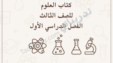 تصميم تعريفي لمقال كتاب العلوم للصف الثالث الفصل الدراسي الأول – المنهج القطري، مع رموز تعليمية للتجارب العلمية والذرة والمختبر.