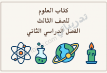 تصميم تعريفي لمقال كتاب العلوم للصف الثالث الفصل الدراسي الثاني – المنهج القطري، مع رموز تعليمية لعلوم الطبيعة والطاقة والتجارب العلمية.