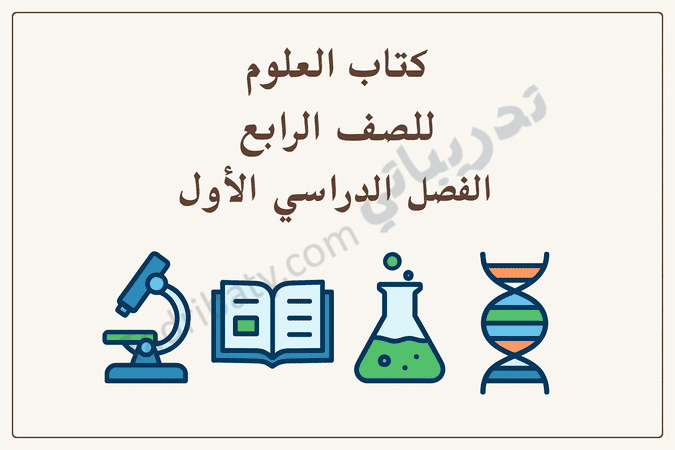 تصميم تعريفي لمقال كتاب العلوم للصف الرابع الفصل الدراسي الأول – المنهج القطري، مع رموز تعليمية للتجارب العلمية والملاحظة والبحث.