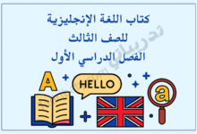 تصميم تعريفي لمقال كتاب اللغة الإنجليزية للصف الثالث الفصل الدراسي الأول – المنهج القطري، مع رموز تعليمية لتعلم الحروف والمفردات والقراءة باللغة الإنجليزية.