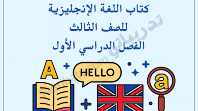 تصميم تعريفي لمقال كتاب اللغة الإنجليزية للصف الثالث الفصل الدراسي الأول – المنهج القطري، مع رموز تعليمية لتعلم الحروف والمفردات والقراءة باللغة الإنجليزية.