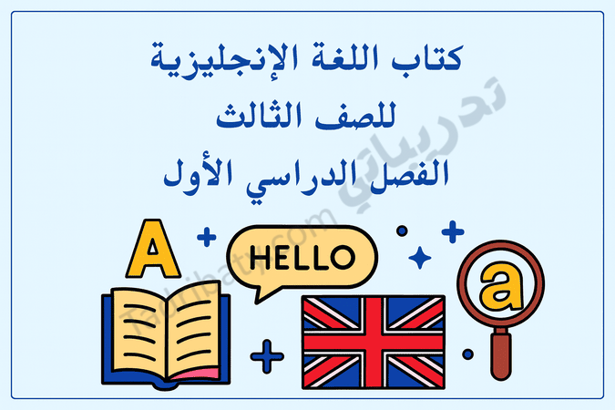 تصميم تعريفي لمقال كتاب اللغة الإنجليزية للصف الثالث الفصل الدراسي الأول – المنهج القطري، مع رموز تعليمية لتعلم الحروف والمفردات والقراءة باللغة الإنجليزية.