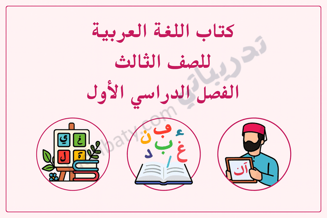 تصميم تعريفي لمقال كتاب اللغة العربية للصف الثالث الفصل الدراسي الأول – المنهج القطري، مع رموز تعليمية للقراءة والكتابة والحروف العربية.