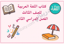 تصميم تعريفي لمقال كتاب اللغة العربية للصف الثالث الفصل الدراسي الثاني – المنهج القطري، مع رموز تعليمية للقراءة والكتابة والحروف العربية.