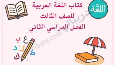 تصميم تعريفي لمقال كتاب اللغة العربية للصف الثالث الفصل الدراسي الثاني – المنهج القطري، مع رموز تعليمية للقراءة والكتابة والحروف العربية.