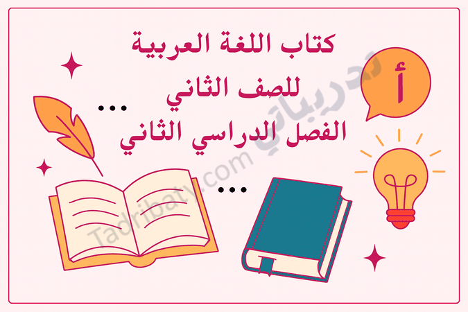 تصميم تعريفي لمقال كتاب اللغة العربية للصف الثاني الفصل الدراسي الثاني – المنهج القطري، مع رموز تعليمية للقراءة والكتابة والتعبير اللغوي.