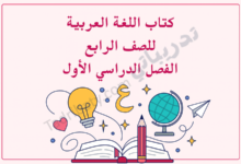 تصميم تعريفي لمقال كتاب اللغة العربية للصف الرابع الفصل الدراسي الأول – المنهج القطري، مع رموز تعليمية للقراءة والكتابة وتنمية المهارات اللغوية.