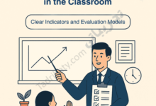 Illustration of a teacher being evaluated inside a classroom, showing an observer holding a checklist and pointing to a performance chart on a board, with students present, representing clear indicators and evaluation models for analyzing teacher performance.