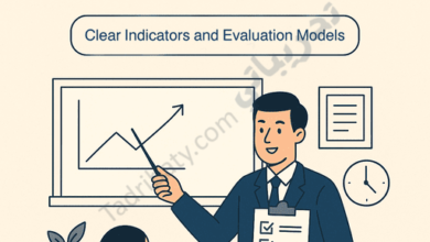 Illustration of a teacher being evaluated inside a classroom, showing an observer holding a checklist and pointing to a performance chart on a board, with students present, representing clear indicators and evaluation models for analyzing teacher performance.