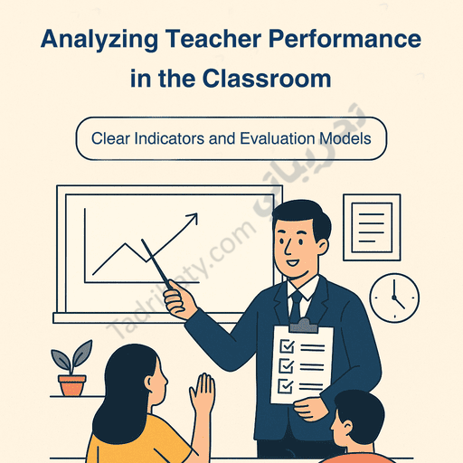 Illustration of a teacher being evaluated inside a classroom, showing an observer holding a checklist and pointing to a performance chart on a board, with students present, representing clear indicators and evaluation models for analyzing teacher performance.