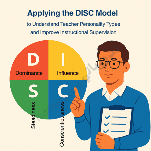 Illustrative design explaining the DISC model (Dominance, Influence, Steadiness, Conscientiousness) with an educational supervisor holding a checklist, representing the use of personality types to improve instructional supervision and teacher support.