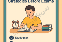 Illustration of a student studying at a desk with an open book, alarm clock, and stacked books, presented on a clipboard titled “Best Effective Study Strategies Before Exams,” highlighting tips such as creating a study plan, using the Pomodoro technique, mind maps, and self-testing.