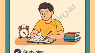 Illustration of a student studying at a desk with an open book, alarm clock, and stacked books, presented on a clipboard titled “Best Effective Study Strategies Before Exams,” highlighting tips such as creating a study plan, using the Pomodoro technique, mind maps, and self-testing.