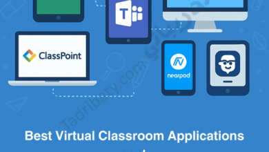 Introductory design for an article on the best virtual classroom applications and how to use them in teaching, featuring icons of online teaching platforms and digital classroom tools.