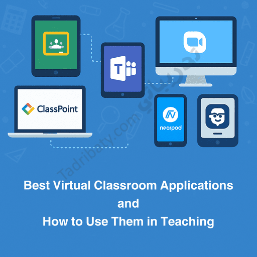Introductory design for an article on the best virtual classroom applications and how to use them in teaching, featuring icons of online teaching platforms and digital classroom tools.