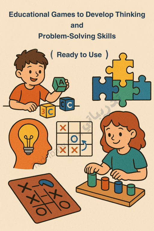 Illustration of children playing educational games such as building blocks, puzzles, logic boards, and strategy activities, representing ready-to-use educational games designed to develop thinking and problem-solving skills.