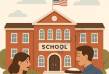 Illustration of a family with children standing in front of an American-style school building in Qatar, featuring the U.S. flag, representing a complete guide for parents seeking information about American schools in Qatar.