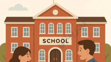 Illustration of a family with children standing in front of an American-style school building in Qatar, featuring the U.S. flag, representing a complete guide for parents seeking information about American schools in Qatar.