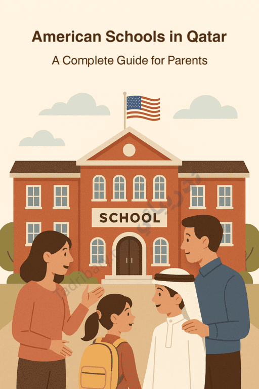 Illustration of a family with children standing in front of an American-style school building in Qatar, featuring the U.S. flag, representing a complete guide for parents seeking information about American schools in Qatar.