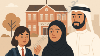 Illustration of a Qatari family and a schoolgirl standing in front of a British-style school building in Qatar, with the UK flag displayed, representing a complete guide for parents looking for information about British schools in Qatar.