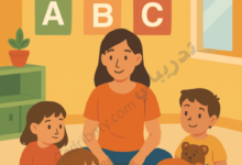 Illustration of a kindergarten teacher sitting with young children in a classroom, playing and learning together with alphabet blocks, representing private kindergartens in Qatar and serving as a complete guide for parents seeking early childhood education options.