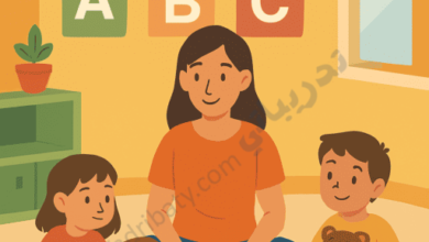 Illustration of a kindergarten teacher sitting with young children in a classroom, playing and learning together with alphabet blocks, representing private kindergartens in Qatar and serving as a complete guide for parents seeking early childhood education options.
