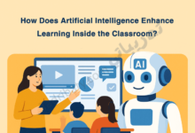 Introductory illustration for an article on how artificial intelligence enhances learning inside the classroom, showing a teacher, students, and an AI assistant supporting interactive learning.