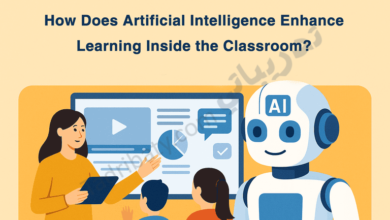 Introductory illustration for an article on how artificial intelligence enhances learning inside the classroom, showing a teacher, students, and an AI assistant supporting interactive learning.