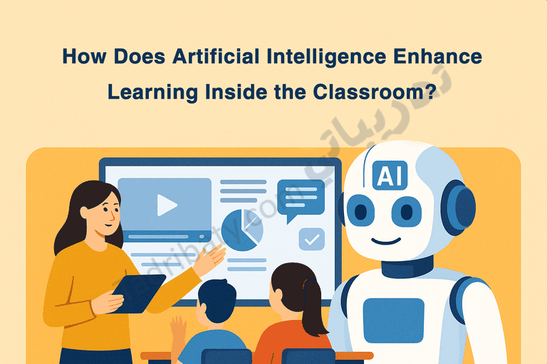 Introductory illustration for an article on how artificial intelligence enhances learning inside the classroom, showing a teacher, students, and an AI assistant supporting interactive learning.