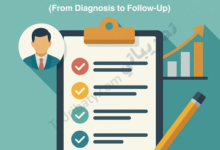 Illustration showing how a teacher performance improvement plan is built, featuring a checklist on a clipboard, a teacher profile icon, a rising performance chart, and a pencil, symbolizing diagnosis, planning, monitoring, and follow-up for professional improvement.