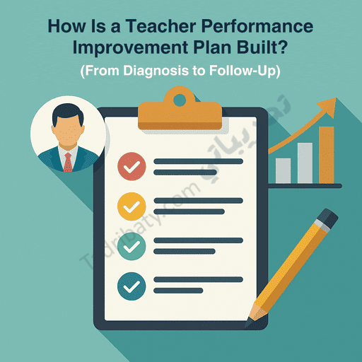 Illustration showing how a teacher performance improvement plan is built, featuring a checklist on a clipboard, a teacher profile icon, a rising performance chart, and a pencil, symbolizing diagnosis, planning, monitoring, and follow-up for professional improvement.