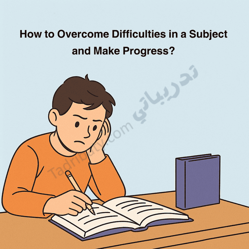Illustration of a student sitting at a desk looking frustrated while studying, writing in an open book with a pencil, representing the challenge of overcoming difficulties in a subject and making academic progress.