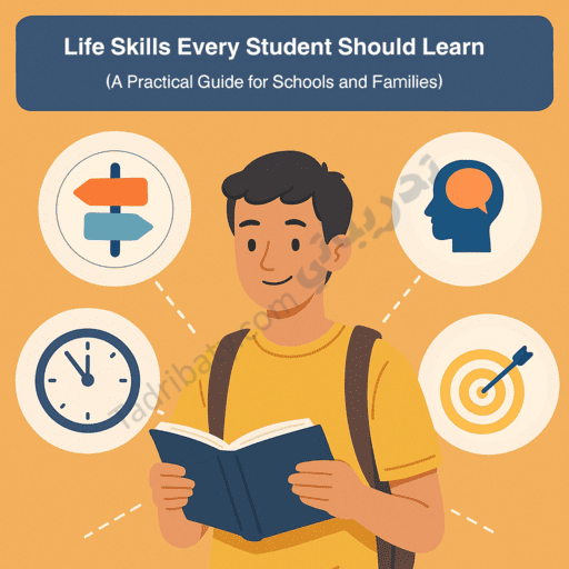 Illustration of a student reading a book surrounded by icons representing life skills such as decision-making, time management, goal setting, and self-awareness, highlighting essential life skills every student should learn for success at school and in life.