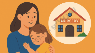 Illustration of a mother gently hugging her young child, with a nursery building icon in the background, representing private nurseries in Qatar and serving as a complete guide for parents looking for early childhood education options.