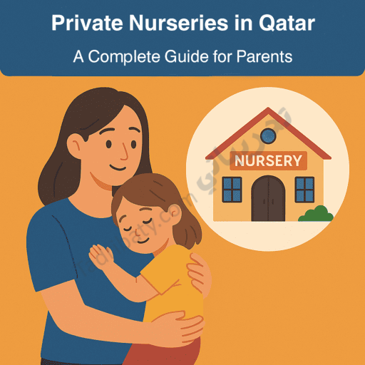 Illustration of a mother gently hugging her young child, with a nursery building icon in the background, representing private nurseries in Qatar and serving as a complete guide for parents looking for early childhood education options.