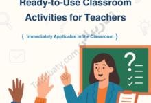 Illustration of a teacher standing in front of a classroom holding a clipboard, with students raising their hands and a chalkboard behind her, representing ready-to-use classroom activities that are immediately applicable for teachers.