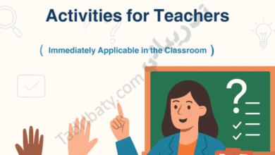Illustration of a teacher standing in front of a classroom holding a clipboard, with students raising their hands and a chalkboard behind her, representing ready-to-use classroom activities that are immediately applicable for teachers.