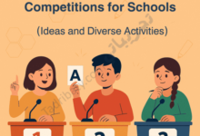 Illustration of three students participating in an educational competition, standing behind numbered podiums with microphones, scores displayed, and one student holding an answer card, representing ready-to-use educational competitions with diverse ideas and activities for schools.