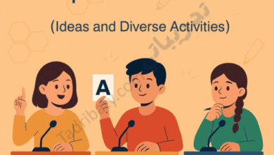 Illustration of three students participating in an educational competition, standing behind numbered podiums with microphones, scores displayed, and one student holding an answer card, representing ready-to-use educational competitions with diverse ideas and activities for schools.