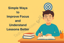 Illustration of a student sitting at a desk and studying calmly with an open book, stacked books, and stationery, symbolizing simple ways to improve focus and better understand lessons, with a target icon above the student representing concentration.