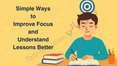 Illustration of a student sitting at a desk and studying calmly with an open book, stacked books, and stationery, symbolizing simple ways to improve focus and better understand lessons, with a target icon above the student representing concentration.