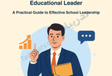 Illustration representing Skills of a Successful Educational Leader, showing a confident school leader holding a folder and pointing upward, symbolizing effective school leadership, strategic thinking, communication, and professional growth.