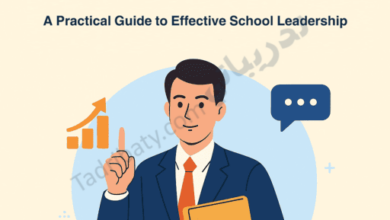 Illustration representing Skills of a Successful Educational Leader, showing a confident school leader holding a folder and pointing upward, symbolizing effective school leadership, strategic thinking, communication, and professional growth.